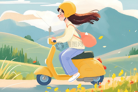 山谷中骑车的女孩插画图片