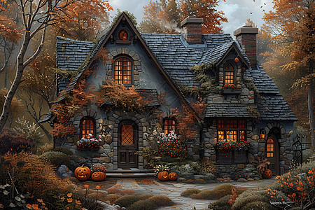秋日树林的房子图片