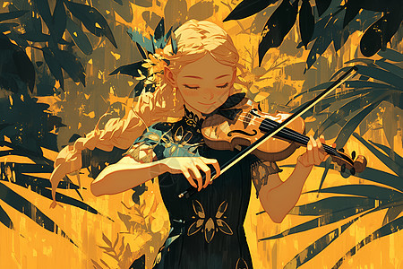 树影下演奏小提琴的女孩图片