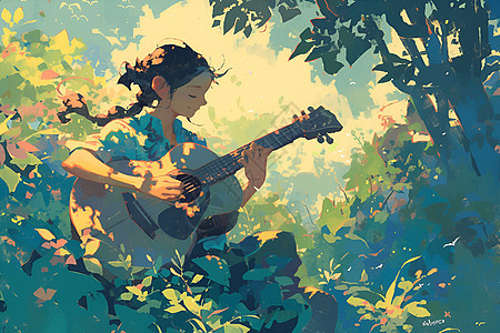 阳光下弹奏吉他的女孩图片