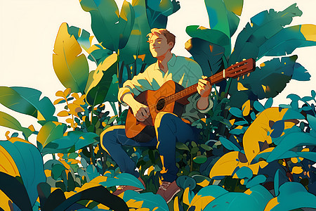 男人坐在花丛里的弹吉他图片