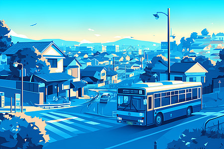 蓝色巴士穿过乡镇街道图片