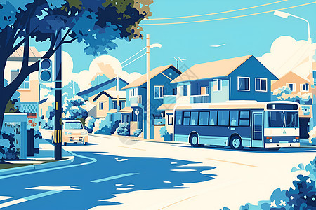 街道上的蓝色公交车图片