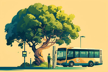 大树下的巴士充电站图片