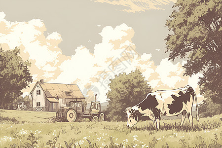 牧场里吃草的奶牛图片