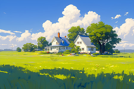 草地中的房子图片