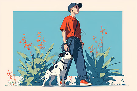 男人和狗在花丛里漫步图片
