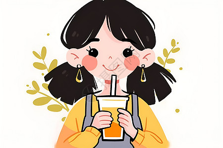 正在喝橙汁的卡通女孩图片