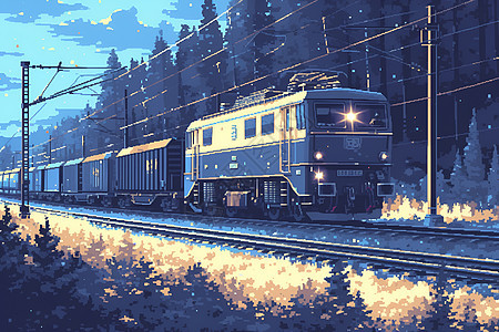 夜晚林间的高速列车图片