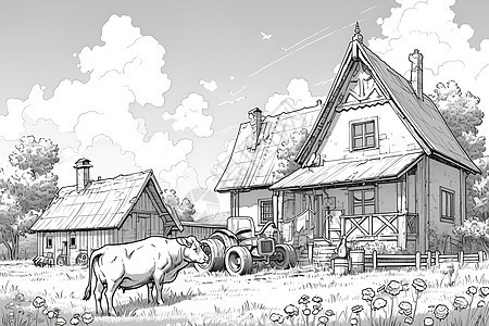 草地中的房子和牛儿图片