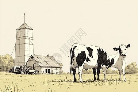 草地中的房屋和牛儿图片