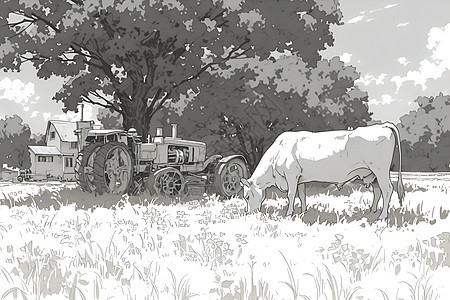田间的牛和拖拉机图片