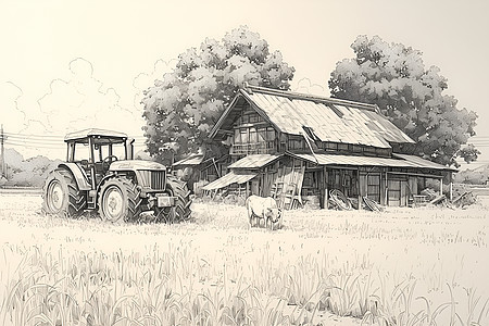 田间的木屋和牛图片