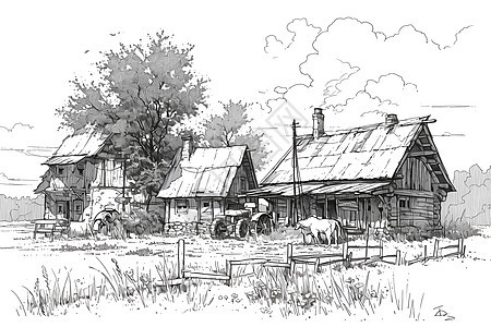 绘画的农村木屋建筑图片