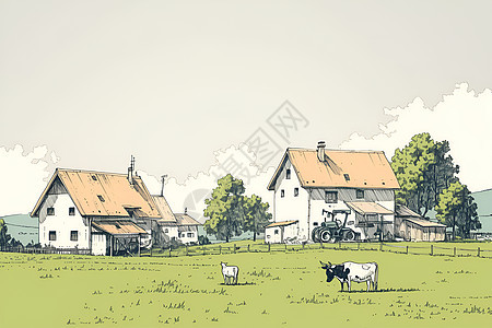 田野中的建筑和牛图片