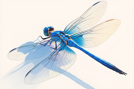 蓝色蜻蜓翱翔于纯白背景下图片