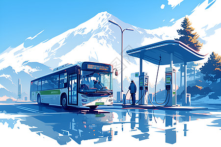 电动巴士在山区充电站图片
