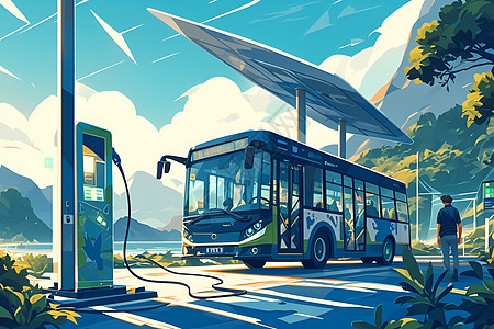 山脉背景中一个电动公交车图片