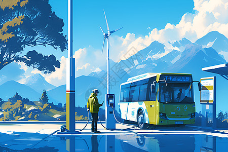 电动公交车在充电站充电的插画图片