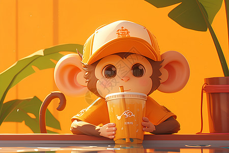 可爱的猴子喝着果汁图片