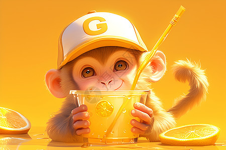 可爱的猴子喝着果汁图片