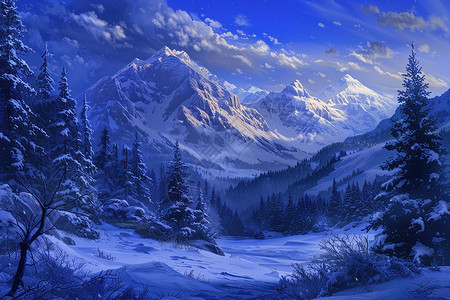 雪山与松树的绘画图片