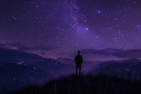 夜空中的男人站在山顶图片