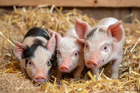 三只小猪在干草上图片