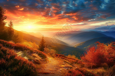 秋日山顶夕阳图片