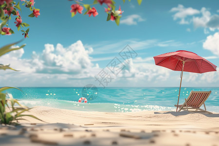 海滩上有把红伞图片