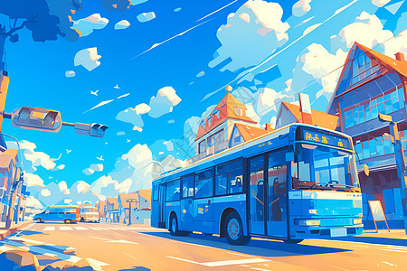 蓝色巴士穿越城市街道图片