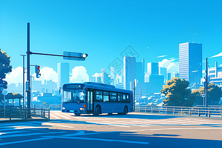 城市里的蓝色公交车图片