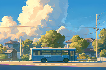 小城街道上的公交车图片