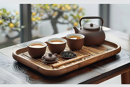 木制托盘上的茶杯和茶壶图片