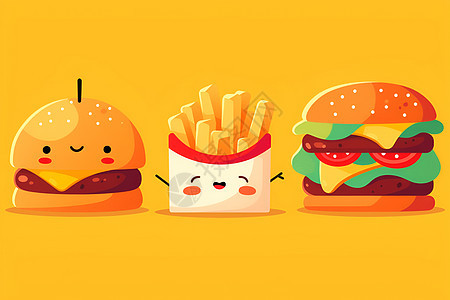 三个可爱的快餐卡通插图图片