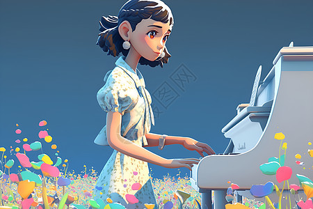 花海中的钢琴女孩图片