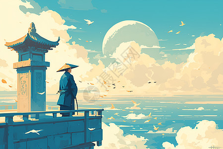 中国诗人静坐高处欣赏海景图片