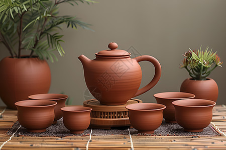 木桌上的陶土茶具图片