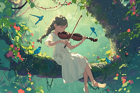 小女孩在森林中演奏小提琴图片