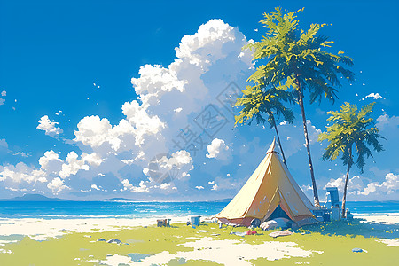 沙滩上的帐篷和美景图片