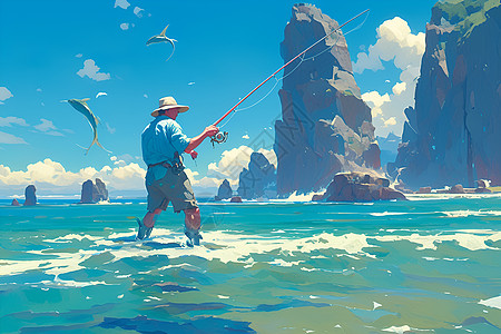 渔夫在海边钓鱼图片