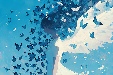 蓝色蝴蝶与少女图片