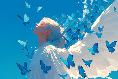 梦幻少女和蓝色蝴蝶图片