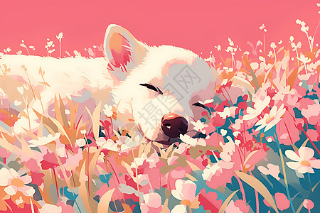 白狗在花海中沉静入眠图片