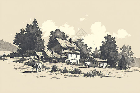 农村的房屋插画图片