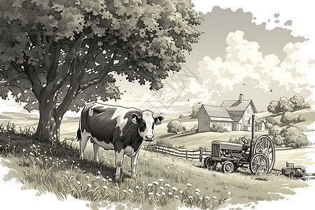 田间的拖拉机和牛儿图片