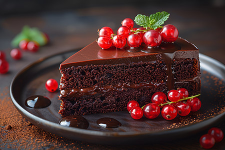 美味的巧克力蛋糕上点缀着红色浆果图片