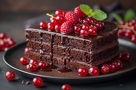 巧克力蛋糕上覆盖着红色浆果图片