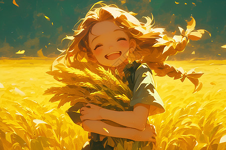 小女孩欢笑中拥抱麦束图片