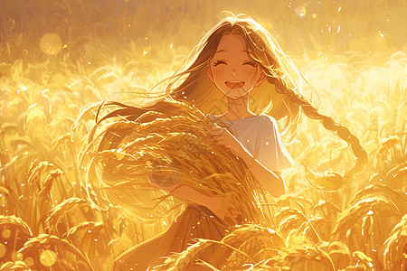 小女孩在金黄色稻田中图片